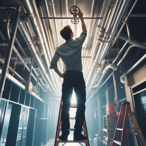 Man standing on a ladder inspecting the valve on a fire sprinkler pipe.