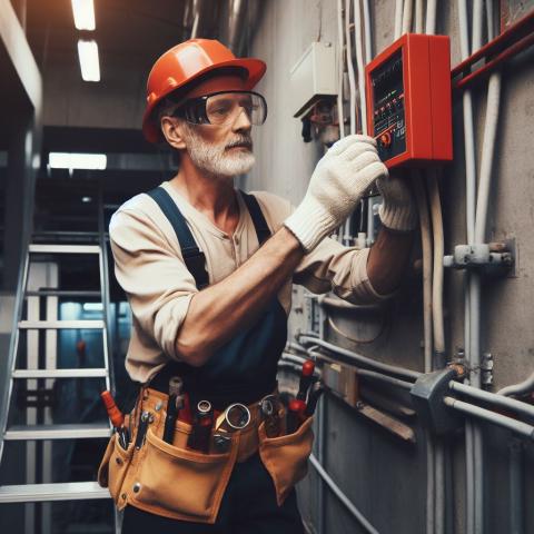 Man probing a fire panel for inspection maintenance.