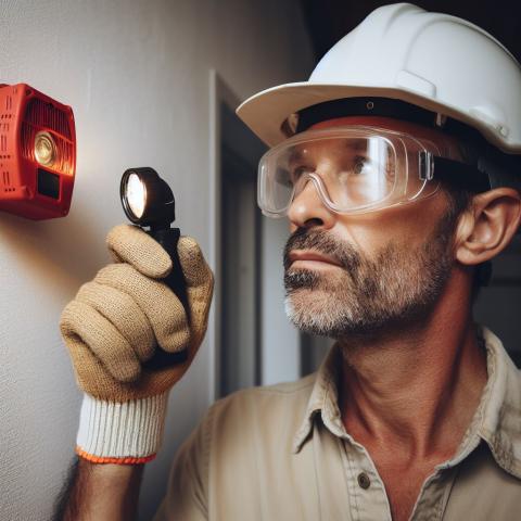 Man inspecting a fire alarm strobe.