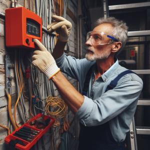 A man inspecting a fire panel against a very old wall with exposed insulated wires.